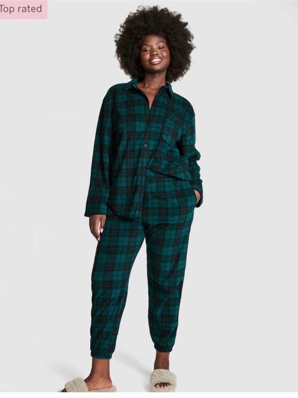 PINK Victoria's Secret Green & Black Plaid Flannel Christmas Pajama Set